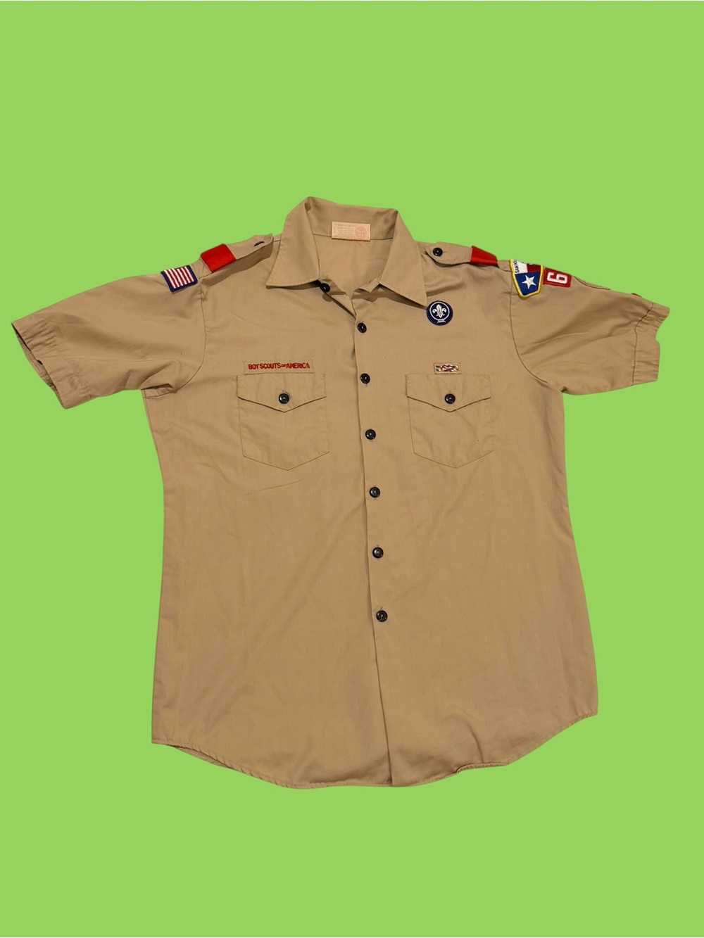 Vintage 80s 90s Boy Scouts Scoutmaster Uniform Shirt Patches Houston Texas Lg